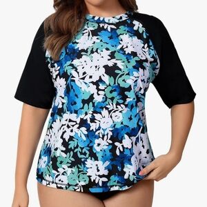 Halcurt. Floral Short Sleeve Swim Top. Size 1X. NWT.